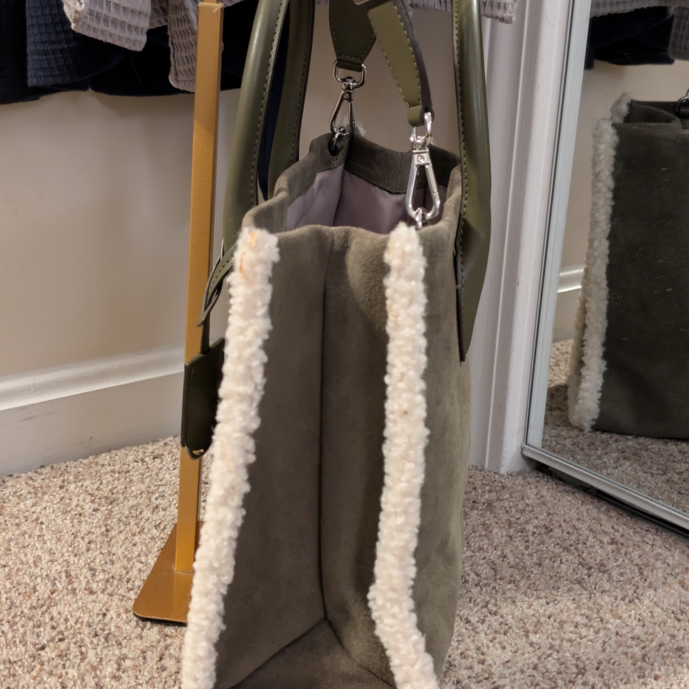MICHAEL KORS Olive Suede Shearling Trim Large Tote NWT - Picture 7 of 11